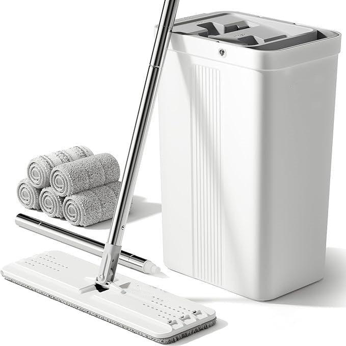 Flat Mop and Bucket Set with Long Handle, Wringer and Microfiber Pads