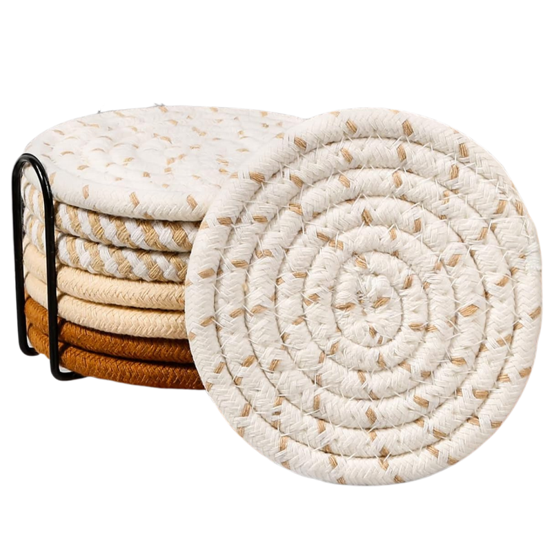 Absorbent Cotton Drink Coasters Set of 8 with Holder, 4 Colors