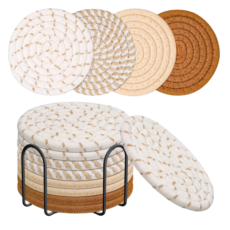 Absorbent Cotton Drink Coasters Set of 8 with Holder, 4 Colors