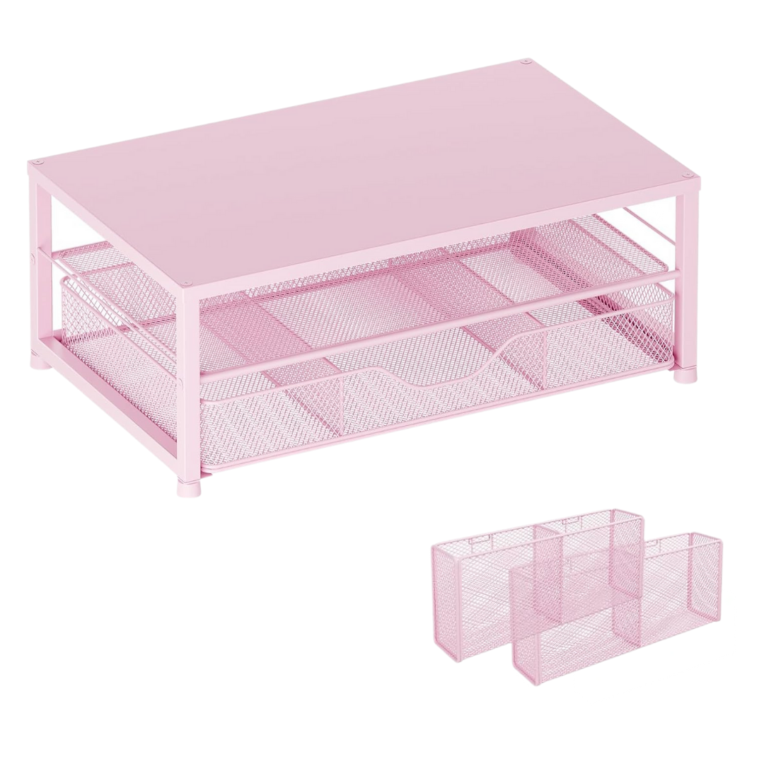 2-Tier Metal Monitor Stand with Drawer and Side Storage Organizer