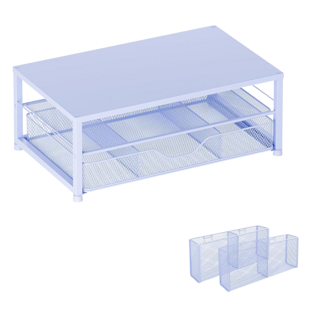 2-Tier Metal Monitor Stand with Drawer and Side Storage Organizer