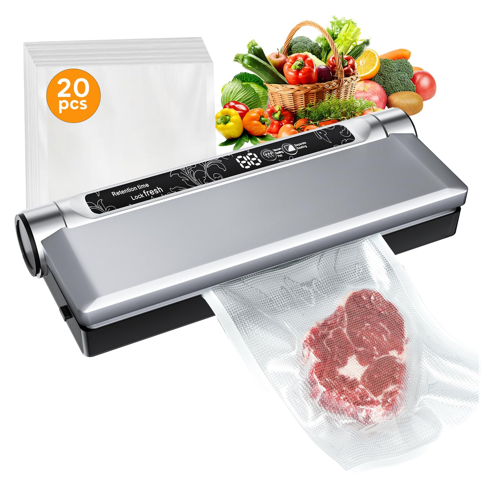 Food Vacuum Sealer Machine, 75KPA Strong Suction, Dry/Wet Modes, 20 Vacuum Seal Bags for Food, Digital Countdown Timer, Compact Lightweight, Ideal for Home Kitchen Use