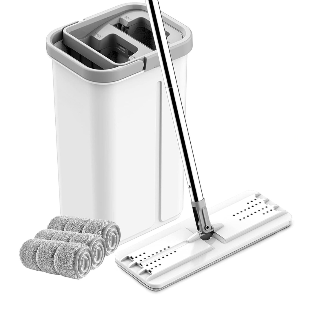 Flat Mop & Bucket Set, 360° Rectangular Head, Telescopic Steel Handle
