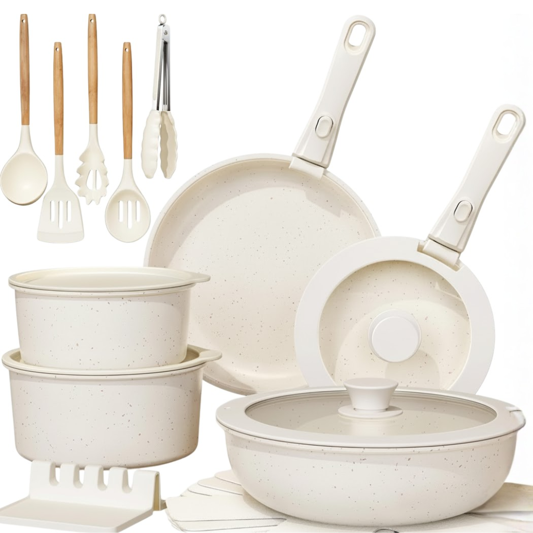 Nonstick Cookware Set with Removable Handle and Transparent Glass Lids