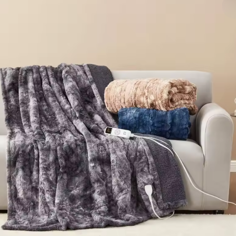 Faux Fur Sherpa Electric Heated Blanket with 9 Levels and Auto Off